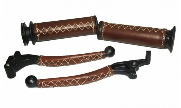 Fits Royal Enfield UCE Brown Leather covered 78 Handlebar Grip & Lever Set